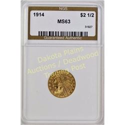 1914 Indian Head Gold $2.5 MS 63. Est. 600-1200
