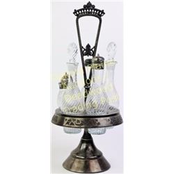 Victorian 5 bottle cruet set in silverplate frame unpolished with all matching pieces including stop