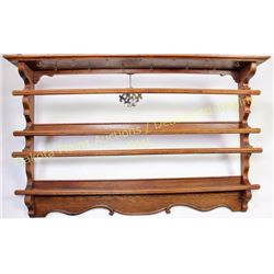 Antique oak wall mount plate and cup holder with original finish, applied carvings and carved lower 
