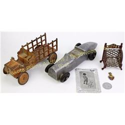 Collection of 6 includes antique cast iron Army Motor Truck, 9" long, Cash bank, aluminum Speedster 