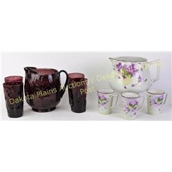 Collection of 2 antique lemonade sets, the first in purple amethyst glass with 4 tumblers the second