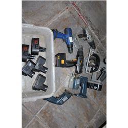 TOTE OF CORDLESS TOOLS AND BATTERIES