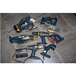 TOTE OF RYOBI CORDLESS TOOLS AND BATTERY