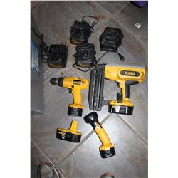 TOTE OF DEWALT CORDLESS TOOLS AND CHARGER AND STAPLER LIGHT AND DRILL