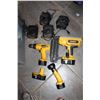 Image 1 : TOTE OF DEWALT CORDLESS TOOLS AND CHARGER AND STAPLER LIGHT AND DRILL