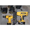 Image 2 : TOTE OF DEWALT CORDLESS TOOLS AND CHARGER AND STAPLER LIGHT AND DRILL