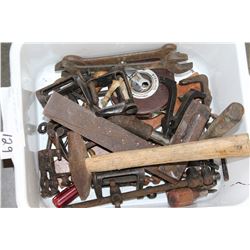 TRAY OF ANTIQUE CLAMPS AND TOOLS