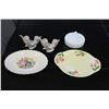 Image 1 : TWO ANTIQUE PLATTERS LIDDED MILK GLASS CANDY DISH AND PAIR OF PORCELAIN CANDLSTICKS