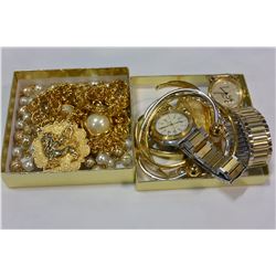TWO TRAYS OF GOLD TONE JEWELLRY AND WATCHES