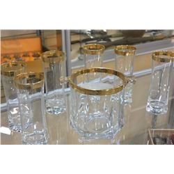 GOLD TRIMMED ICE BUCKET AND 6 GLASSES