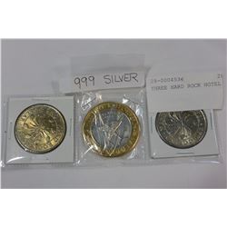 THREE HARD ROCK HOTEL COINS .999 SILVER MIDDLE COIN