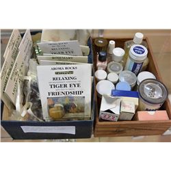 TRAY OF SEMI PRECIOUS STONES AND AROMA ROCKS AND VINTAGE MEDICINE BOTTLES