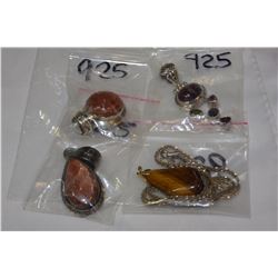 FOUR PRECIOUS STONE AND STERLING PENDANTS