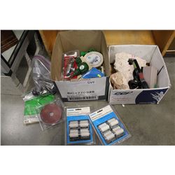 BOX OF SHOP SUPPLIES AND FISH TANK PUMP AND ROCKS