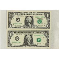2-2003-A $1 FRN'S LOW CONSECUTIVE SERIAL 'S UNC