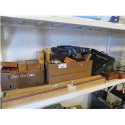 SHELF LOT OF MISC ESTATE GOODS (WOODEN BOXES, SHADES, ETC)