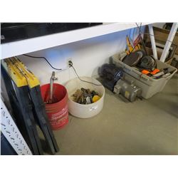 SHELF LOT OF MISC ESTATE GOODS (SAWHORSES, TOOLS, ETC)