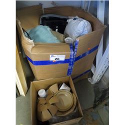 2 BOXES OF MISC LINEN/DINNERWARE/ANALOG SCALE/ETC