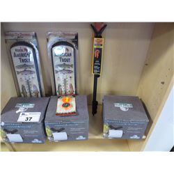 3 BOXES OF DEER ANTLER TP HOLDERS/2 NORTH AMERICAN TROUT THERMOMETERS/GUN REST