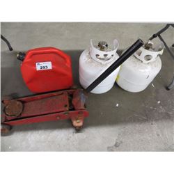 GAS CAN/2 PROPANE BOTTLES/FLOOR JACK