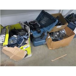 SHELF LOT OF TOOLS & ASSORTMENT OF 18V BATTERIES/TWIN CUTTERS (FOR PARTS & REPAIR)