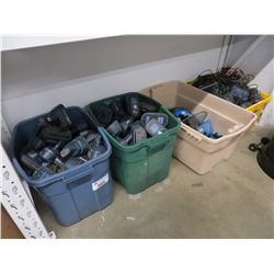 4 TOTES OF TOOLS AND ASSORTED RECHARGABLE TOOL BATTERIES (UNKNOWN CONDITION)