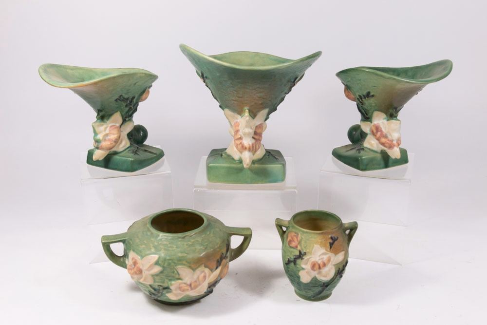 Lot 5 Roseville Pottery Magnolia Pattern Items