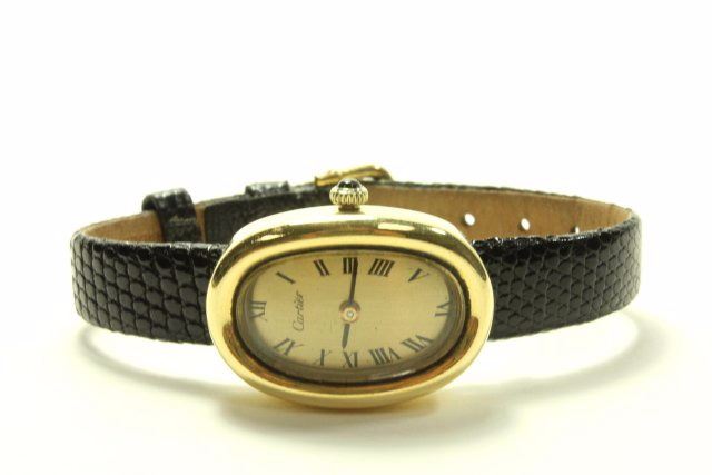 18k Gold Cartier Ladies Watch With Leather Band
