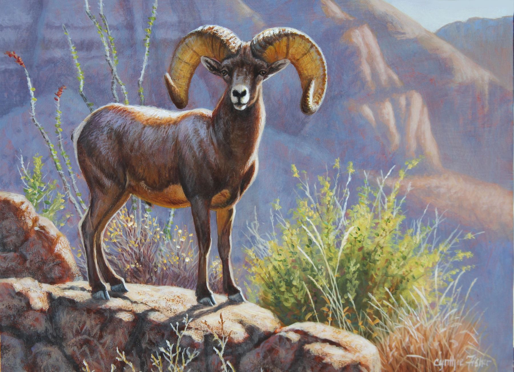 Stunning hand painted Desert Big Horn Sheep art piece, personally