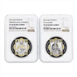 Set of (2) 2012 Gilt Fiji $10 Silver Coins NGC PF70 Ultra Cameo