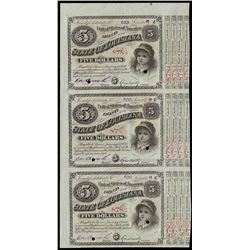 Uncut Sheet of (3) 1876 State of Louisiana Baby Bond Obsolete Notes