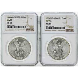 Set of 1983MO-1984MO Mexico 1 Onza Silver Libertad Coins NGC MS66