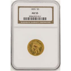 1855 $3 Indian Princess Head Gold Coin NGC AU55