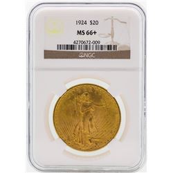 1924 $20 St. Gaudens Double Eagle Gold Coin NGC MS66+