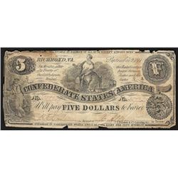 1861 $5 Confederate States of America Note