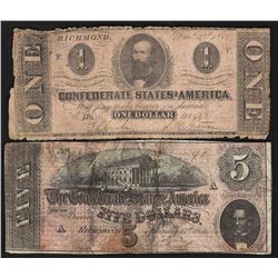 Lot of 1862 $1 & 1864 $5 Confederate States of America Notes