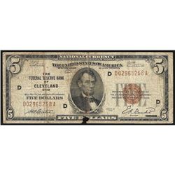 1929 $5 Federal Reserve Bank Note Cleveland Ohio