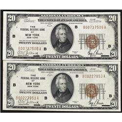 Lot of (2) 1929 $20 Federal Reserve Bank of New York National Currency Notes