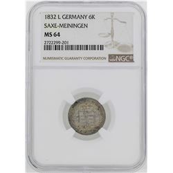 1832 Germany Saxe-Meiningen Bernhard II 6 Kreuzer Coin NGC MS64