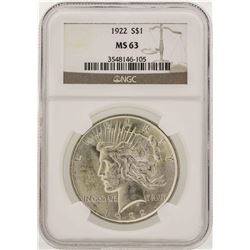 1922 $1 Peace Silver Dollar Coin NGC MS63