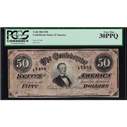 1864 $50 Confederate States of America Note T-66 PCGS Very Fine 30PPQ