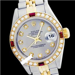 Rolex Ladies Two Tone 14K Gold/ss, Diam Dial & Diam/Ruby Bezel, Saph Crystal - REF-363H3W