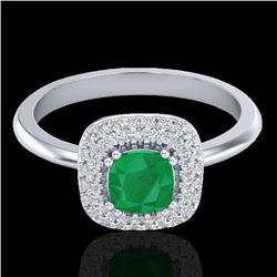 1.16 CTW Emerald & Micro VS/SI Diamond Ring Solitaire Double Halo 18K White Gold - REF-70Y9N - 21028
