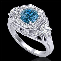2.11 CTW Intense Blue Diamond Solitaire Art Deco 3 Stone Ring 18K White Gold - REF-283F6M - 38300