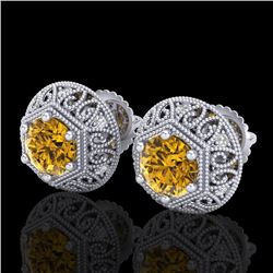 1.31 CTW Intense Fancy Yellow Diamond Art Deco Stud Earrings 18K White Gold - REF-149M3F - 37560