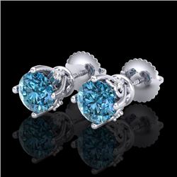 1.26 CTW Fancy Intense Blue Diamond Art Deco Stud Earrings 18K White Gold - REF-127R3K - 37789