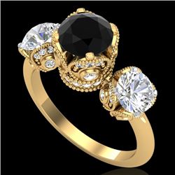 3 CTW Fancy Black Diamond Solitaire Art Deco 3 Stone Ring 18K Yellow Gold - REF-318X2T - 37431