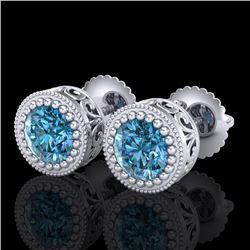 1.09 CTW Fancy Intense Blue Diamond Art Deco Stud Earrings 18K White Gold - REF-123X6T - 37481