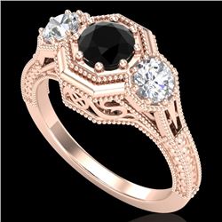 1.05 CTW Fancy Black Diamond Solitaire Art Deco 3 Stone Ring 18K Rose Gold - REF-132Y8N - 37948