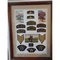 Framed RCMP patches and postcards 20x26